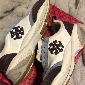 Tory Burch Men's White and Brown Sneakers with Gray Accents
